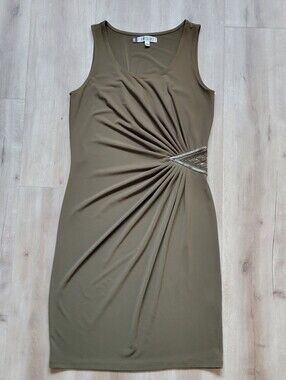 JENNIFER LOPEZ Olive Khaki Ruched Dress with Beaded Waist Detail